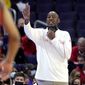 Maryland interim head coach Danny Manning signals to his team during the first half of an NCAA college basketball game against Northwestern in Evanston, Ill., Wednesday, Jan. 12, 2022. (AP Photo/Nam Y. Huh) ** FILE**
