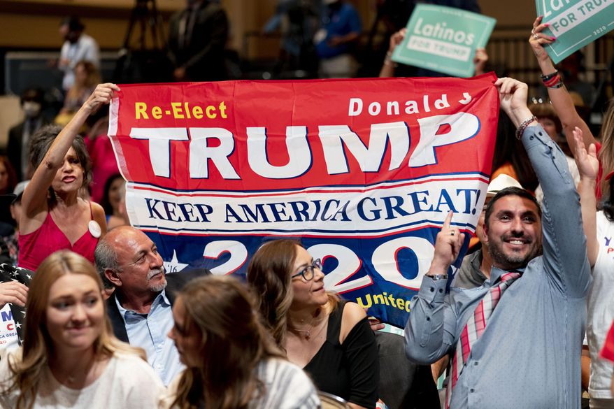 Supporters react to music before President Donald Trump arrives at a Latinos for Trump Coalition roundtable at Arizona Grand Resort &amp; Spa, Monday, Sept. 14, 2020, in Phoenix. (AP Photo/Andrew Harnik)