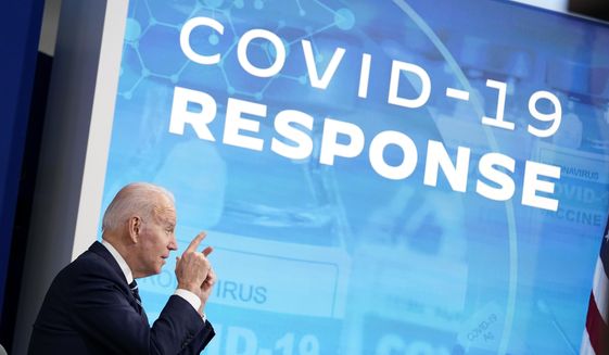 President Joe Biden speaks about the government&#39;s COVID-19 response, in the South Court Auditorium in the Eisenhower Executive Office Building on the White House Campus in Washington, Thursday, Jan. 13, 2022. (AP Photo/Andrew Harnik)