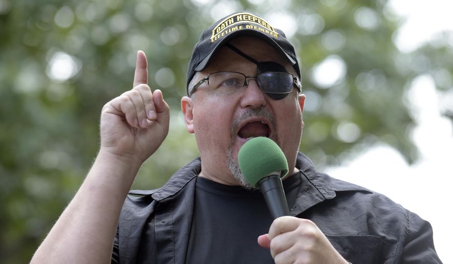 In this Sunday, June 25, 2017 file photo, Stewart Rhodes, founder of the citizen militia group known as the Oath Keepers speaks during a rally outside the White House in Washington. Rhodes has been arrested and charged with seditious conspiracy in the Jan. 6 attack on the U.S. Capitol. The Justice Department announced the charges against Rhodes on Thursday.  (AP Photo/Susan Walsh, File)