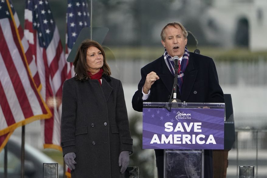 FILE - Texas Attorney General Ken Paxton speaks at a rally in support of President Donald Trump called the &quot;Save America Rally&quot; in Washington on Jan. 6, 2021. A district attorney says Paxton violated the state&#x27;s open records laws by withholding or failing to retain his communications relating to his appearance at a pro-Trump rally that preceded the deadly riot at the U.S. Capitol last year. (AP Photo/Jacquelyn Martin, File)
