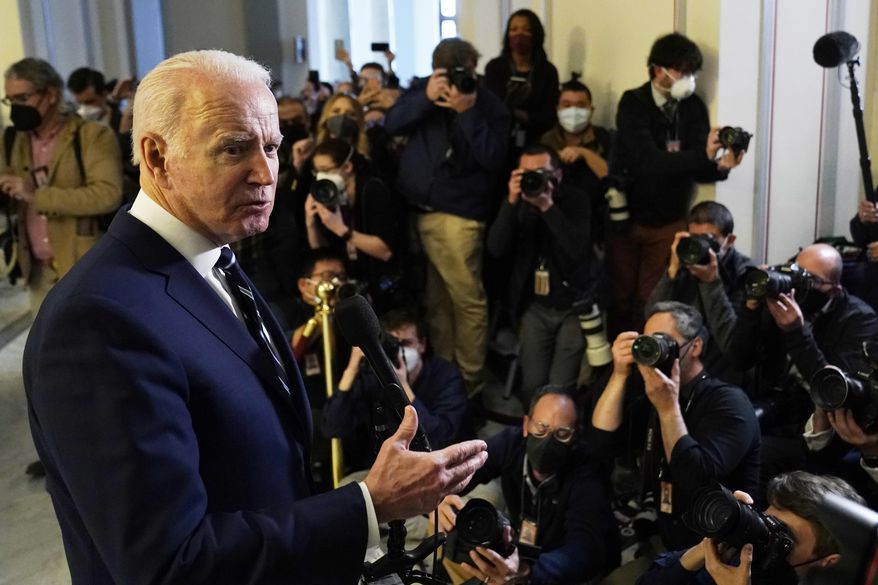President Joe Biden speaks to the media after meeting privately with Senate Democrats, Thursday, Jan. 13, 2022, on Capitol Hill in Washington. (AP Photo/Andrew Harnik)
