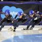 FILE -  From left, Maame Biney, Kristen Santos, Corinne Stoddard and Julie Letai compete in the women&#39;s 500-meter finals during the U.S. Olympic short track speedskating trials, on Dec. 19, 2021, in Kearns, Utah. The only returning Olympian is Maame Biney, born in Ghana and raised in Virginia . Santos is the lone American skater ranked in the world&#39;s top 10 in any event (AP Photo/Rick Bowmer, File)