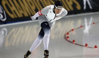 FILE -  Germany&#39;s Claudia Pechstein competes in the women&#39;s 5,000 meters during the world single distances speedskating championships Saturday, Feb. 15, 2020, in Kearns, Utah. At 49, Pechstein will be the oldest woman to compete at a Winter Olympics and the second athlete — and only woman — to compete in eight. (AP Photo/Rick Bowmer, File)