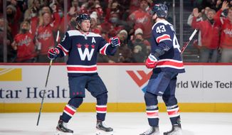 Washington Capitals Right Wing Tom Wilson (43) and Washington Capitals Center Nicklas Backstrom (19) celebrate Wilson’s third period goal against the Vancouver Canucks at Capital One Arena in Washington D.C., January 16, 2022. (Photo by All-Pro Reels)