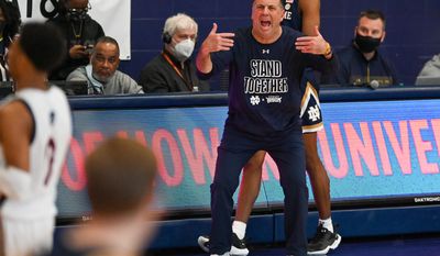 Notre Dame Fighting Irish Head Coach Mike Brey yelling a play during the NCAA Men&#39;s basketball game against the Notre Dame Fighting Irish at Burr Gymnasium on January 17th 2022 in Washington DC.(All Pro Reels/Reggie Hildred)