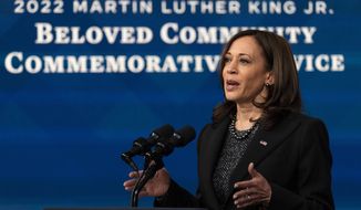 Vice President Kamala Harris speaks virtually to the Historic Ebenezer Baptist Church for the Martin Luther King, Jr., Beloved Community Commemorative Service, from the South Court Auditorium on the White House complex, Monday, Jan. 17, 2022, in Washington. (AP Photo/Alex Brandon)
