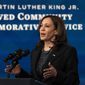 Vice President Kamala Harris speaks virtually to the Historic Ebenezer Baptist Church for the Martin Luther King, Jr., Beloved Community Commemorative Service, from the South Court Auditorium on the White House complex, Monday, Jan. 17, 2022, in Washington. (AP Photo/Alex Brandon)