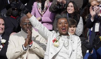 Virginia Lt. Gov. Winsome Earle-Sears, waves to the crowd during inaugural festivities at the Capitol Saturday Jan. 15, 2022, in Richmond, Va. (AP Photo/Steve Helber)