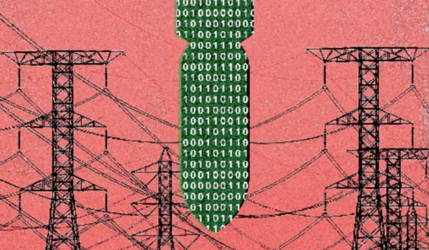 Illustration on the electrical grid and cyberattacks by Linas Garsys/The Washington Times