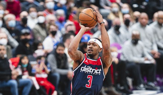 Washington Wizards Bradley Beal with a jump shot against the Philadelphia 76ers at Capital One Arena in Washington D.C., Jan. 17, 2022. (Photo by All-Pro Reels)