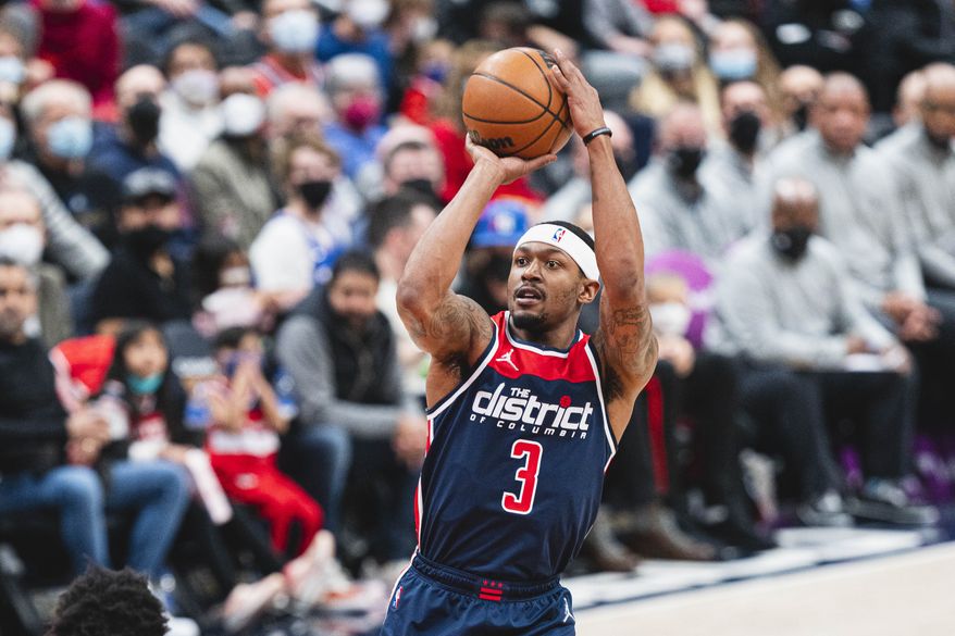 Washington Wizards Bradley Beal with a jump shot against the Philadelphia 76ers at Capital One Arena in Washington D.C., Jan. 17, 2022. (Photo by All-Pro Reels) ** FILE **