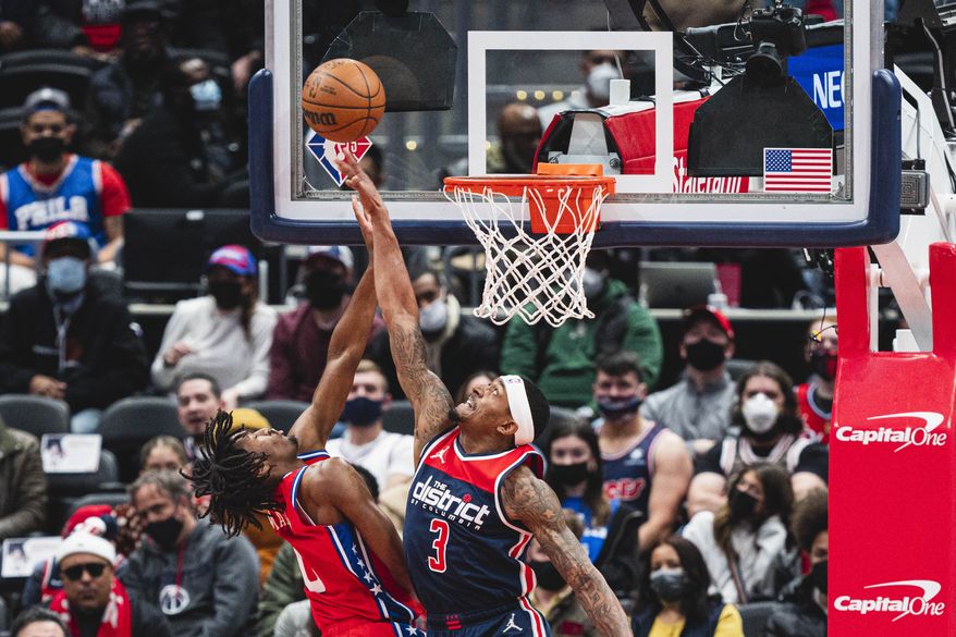 Washington Wizards Bradley Beal with a block against the Philadelphia 76ers at Capital One Arena in Washington D.C., Jan. 17, 2022. (Photo by All-Pro Reels)