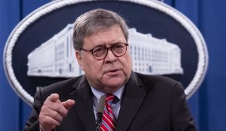 Attorney General William Barr speaks during a news conference in Washington on Dec. 21, 2020. Barr has a memoir out in March, titled “One Damn Thing After Another” and is billed by his publisher as a “vivid and forthright book” of his time serving two “drastically different” presidents, Donald Trump and George H.W. Bush. (Michael Reynolds/Pool via AP) **FILE**