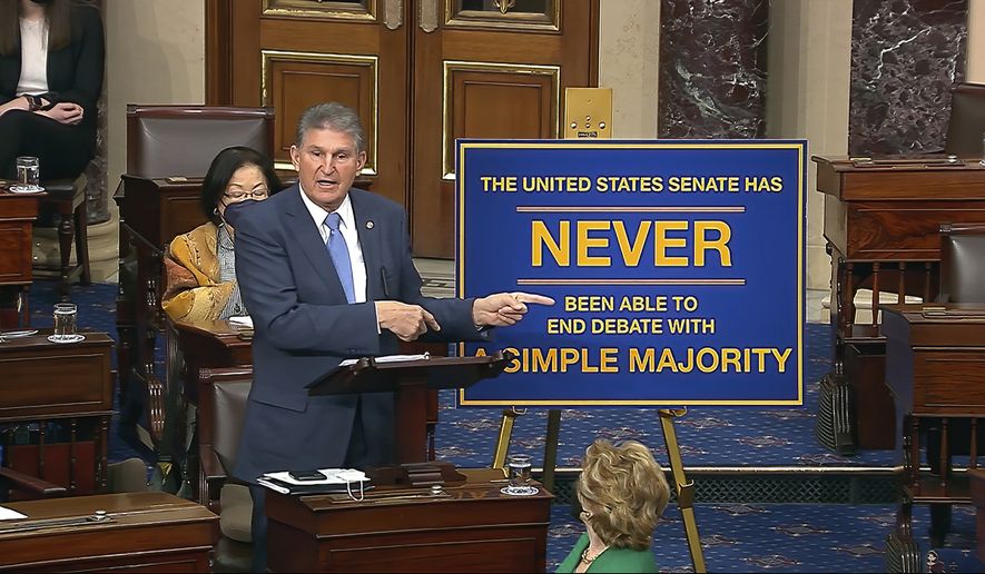 In this image from Senate Television, Sen. Joe Manchin, D-W.Va., speaks on the floor of the U.S. Senate Wednesday, Jan. 19, 2022, at the U.S. Capitol in Washington. (Senate Television via AP)