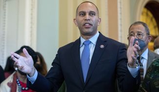 Rep. Hakeem Jeffries, D-N.Y., alongside other members of the Congressional Black Caucus, speaks in front of the Senate chambers about their support of voting rights legislation at the Capitol in Washington, Wednesday, Jan. 19, 2022. (AP Photo/Amanda Andrade-Rhoades)