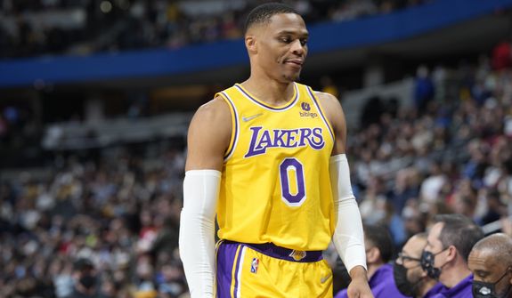Los Angeles Lakers guard Russell Westbrook (0) in the second half of an NBA basketball game Saturday Jan. 15, 2022, in Denver. The Nuggets won 133-96. (AP Photo/David Zalubowski)