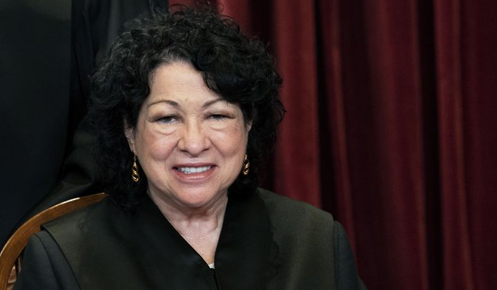 In this April 23, 2021, photo, Associate Justice Sonia Sotomayor sits during a group photo at the Supreme Court in Washington. (Erin Schaff/The New York Times via AP, Pool) **FILE**