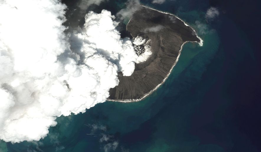 This satellite image provided by Maxar Technologies shows an overview of Hunga Tonga Hunga Ha&#39;apai volcano in Tonga on Dec. 24, 2021. Three of Tonga&#39;s smaller islands suffered serious damage from tsunami waves, officials and the Red Cross said Wednesday, Jan. 19, 2022, as a wider picture begins to emerge of the damage caused by the eruption of an undersea volcano near the Pacific archipelago nation. (Satellite image ©2022 Maxar Technologies via AP, File)
