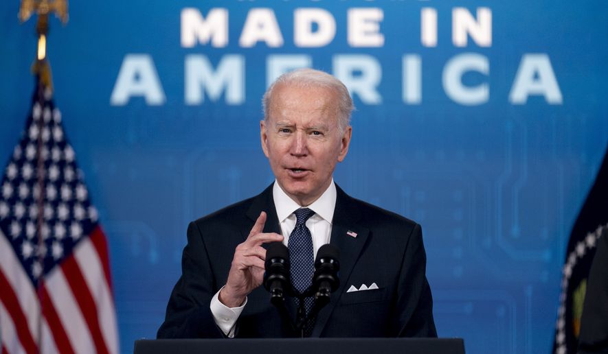President Joe Biden speaks about Intel&#x27;s announcement to invest in an Ohio chip making facility, at the South Court Auditorium in the Eisenhower Executive Office Building on the White House Campus in Washington, Friday, Jan. 21, 2022. (AP Photo/Andrew Harnik)