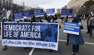 In this January 21, 2020 photo a group of Democrats for Life demonstrators participate in the 49th annual March for Life near the National Mall.