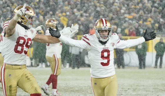 San Francisco 49ers&#39; Robbie Gould celebrates after making the game-winning field goal during the second half of an NFC divisional playoff NFL football game against the Green Bay Packers Saturday, Jan. 22, 2022, in Green Bay, Wis. The 49ers won 13-10 to advance to the NFC Chasmpionship game. (AP Photo/Morry Gash) **FILE**