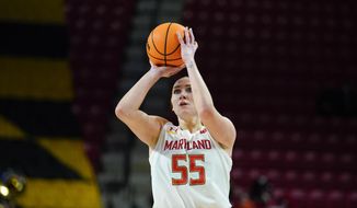 Maryland forward Chloe Bibby shoots a basket against Northwestern during the second half of an NCAA college basketball game, Sunday, Jan. 23, 2022, in College Park, Md. Maryland won 87-59. (AP Photo/Julio Cortez) **FILE**