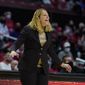Maryland head coach Brenda Frese reacts after a play against Northwestern during the second half of an NCAA college basketball game, Sunday, Jan. 23, 2022, in College Park, Md. Maryland won 87-59. (AP Photo/Julio Cortez) **FILE**
