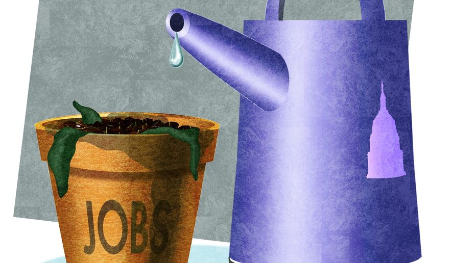 Illustration on jobs and stimulus by Alexander Hunter/The Washington Times