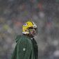 Green Bay Packers&#39; Aaron Rodgers looks up during the second half of an NFC divisional playoff NFL football game against the San Francisco 49ers Saturday, Jan. 22, 2022, in Green Bay, Wis. (AP Photo/Aaron Gash)