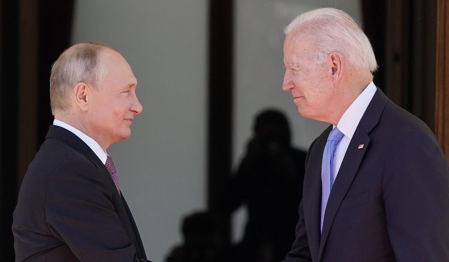President Joe Biden and Russian President Vladimir Putin, arrive to meet at the 'Villa la Grange', on June 16, 2021, in Geneva, Switzerland. Russia's present demands are based on Putin's purported long sense of grievance and his rejection of Ukraine and Belarus as truly separate, sovereign countries but rather as part of a Russian linguistic and Orthodox motherland. (AP Photo/Patrick Semansky, File)