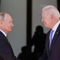 President Joe Biden and Russian President Vladimir Putin, arrive to meet at the &#39;Villa la Grange&#39;, on June 16, 2021, in Geneva, Switzerland. Russia&#39;s present demands are based on Putin&#39;s purported long sense of grievance and his rejection of Ukraine and Belarus as truly separate, sovereign countries but rather as part of a Russian linguistic and Orthodox motherland. (AP Photo/Patrick Semansky, File)