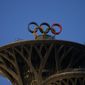The Olympic rings sit on the top of the Beijing Olympic Tower at the 2022 Winter Olympics, Tuesday, Jan. 25, 2022, in Beijing. (AP Photo/Jae C. Hong)