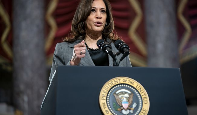 Vice President Kamala Harris speaks from Statuary Hall at the U.S. Capitol, Thursday, Jan. 6, 2022, in Washington. Harris will lead a U.S. delegation to Honduras on Thursday to attend the inauguration and hold migration talks with newly elected President Xiomara Castro, a socialist who has become weakened politically even before she takes office. (Greg Nash/Pool Photo via AP, File)