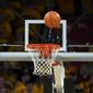 A ball bounces above the rim during the first half of an NCAA college basketball game between Iowa State and TCU, Saturday, Jan. 22, 2022, in Ames, Iowa. (AP Photo/Charlie Neibergall)