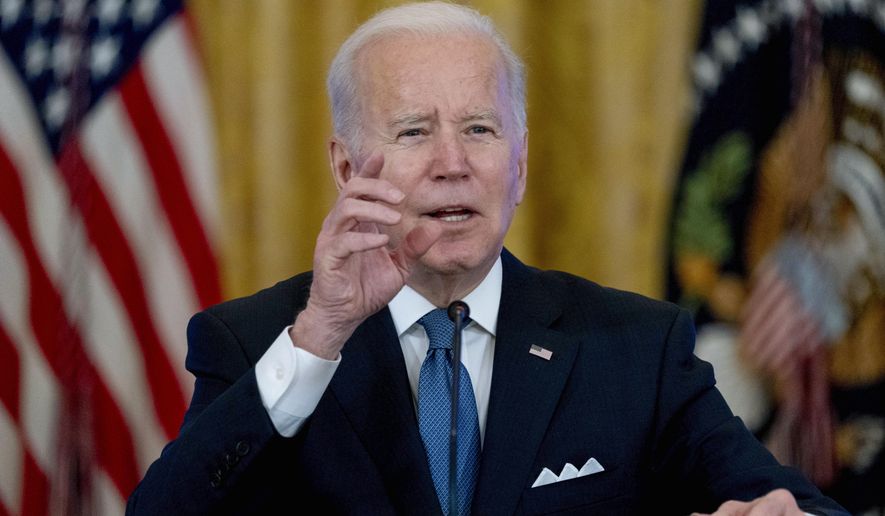 President Joe Biden responds to reporter&#39;s questions during a meeting on efforts to lower prices for working families, in the East Room of the White House in Washington, Monday, Jan. 24, 2022. (AP Photo/Andrew Harnik)