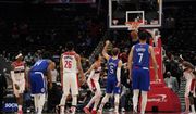 Los Angeles Clippers guard Luke Kennard (5) hits the go-ahead free throw during the second half of an NBA basketball game against the Washington Wizards, Tuesday, Jan. 25, 2022, in Washington. The Clippers erased a 35 point deficit to defeat the Wizards 116-115. (AP Photo/Evan Vucci)