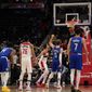 Los Angeles Clippers guard Luke Kennard (5) hits the go-ahead free throw during the second half of an NBA basketball game against the Washington Wizards, Tuesday, Jan. 25, 2022, in Washington. The Clippers erased a 35 point deficit to defeat the Wizards 116-115. (AP Photo/Evan Vucci)