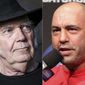 This combination photo shows Neil Young in Calabasas, Calif., on May 18, 2016, left, and UFC announcer and podcaster Joe Rogan before a UFC on FOX 5 event in Seattle on Dec. 7, 2012. Young fired off a public missive to his management on Monday, Jan. 24, 2022, demanding that they remove his music from the popular streaming service Spotify in protest over Rogan&#39;s popular podcast spreading misinformation about COVID-19. But by Tuesday afternoon, his letter had been removed from his website, &amp;quot;Heart of Gold&amp;quot; and other hits were still streaming. (AP Photo)