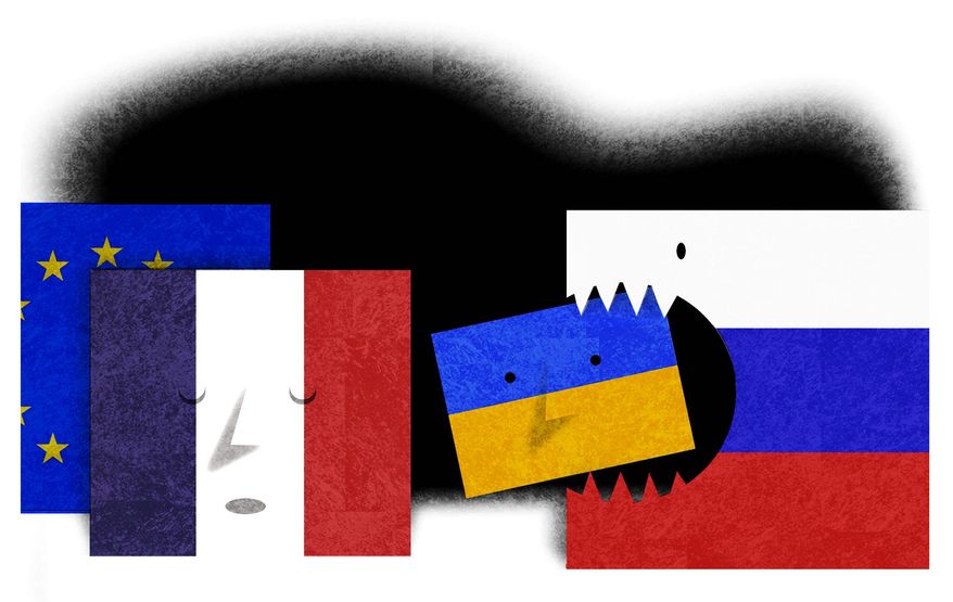 Illustration on French reaction to the crisis with Ukraine by Alexander Hunter/The Washington Times