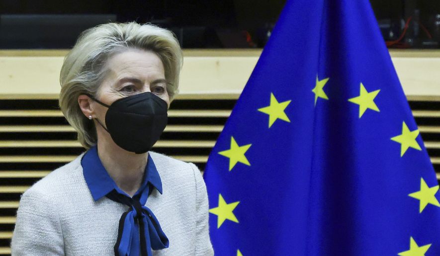 In this file photo, European Commission President Ursula von der Leyen attends a meeting of the EU College of Commissioners at EU headquarters in Brussels, Wednesday, Jan. 26, 2022. The Biden administration and the EU are working in concert to prepare for a potential natural gas shortage if Russia invades Ukraine. (Yves Herman, Pool Photo via AP) ** FILE **