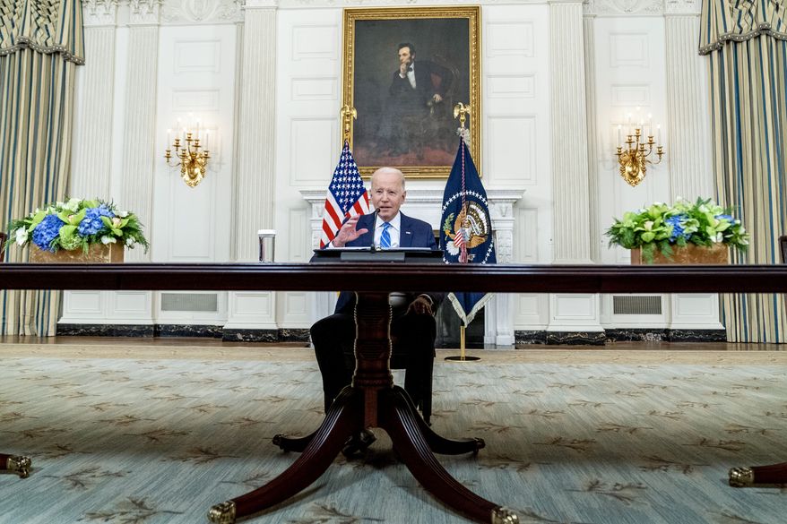 President Joe Biden speaks during a meeting with private sector CEOs about the economy in the State Dining Room of the White House in Washington, Wednesday, Jan. 26, 2022. (AP Photo/Andrew Harnik)