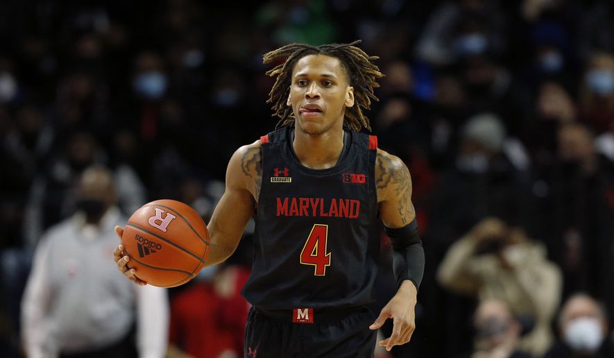 Maryland guard Fatts Russell (4) dribbles the ball against Rutgers during the first half of an NCAA college basketball game in Piscataway, N.J. Wednesday, Jan. 25, 2022. (AP Photo/Noah K. Murray)  **FILE**