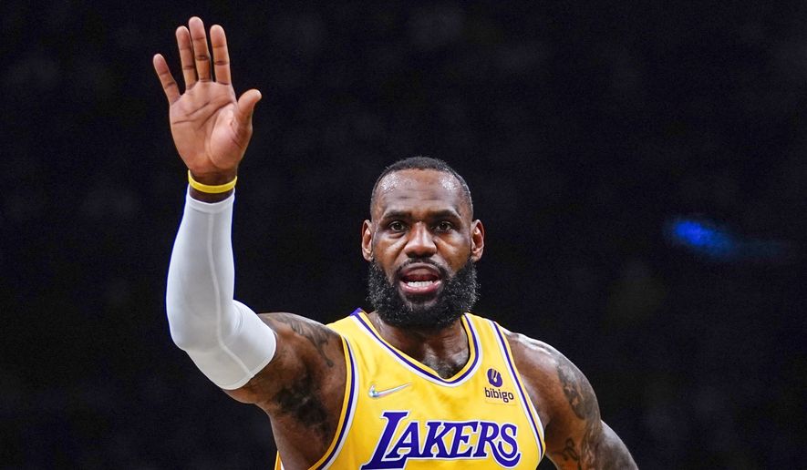 Los Angeles Lakers forward LeBron James (6) during NBA action against Brooklyn Nets, Tuesday Jan. 25, 2022, in New York. (AP Photo/Frank Franklin II) **FILE**