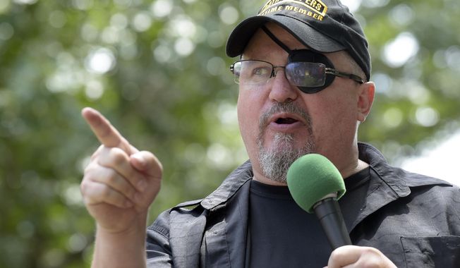 Stewart Rhodes, founder of the citizen militia group known as the Oath Keepers speaks during a rally outside the White House in Washington, on June 25, 2017. The seditious conspiracy case filed this week against members and associates of the far-right Oath Keepers militia group marked the boldest attempt so far by the government to prosecute those who attacked the U.S. Capitol during the Jan. 6 riot. (AP Photo/Susan Walsh, File)