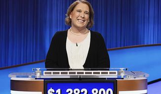 This image released by Sony Pictures Television shows contestant Amy Schneider on the set of &amp;quot;Jeopardy!&amp;quot; After 40 games, Schneider&#39;s winning streak has ended. (Casey Durkin/Sony Pictures Television via AP)