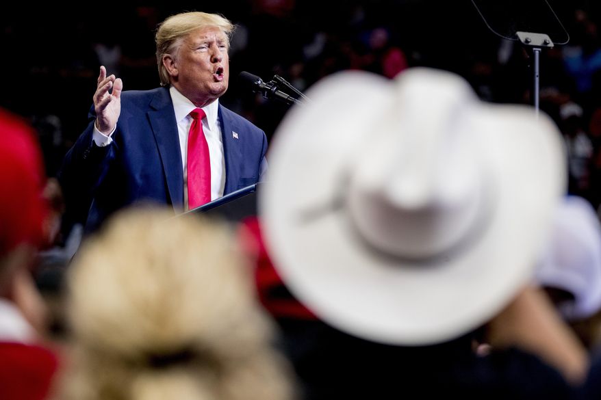 In this Oct. 17, 2019, file photo President Donald Trump speaks at a campaign rally at American Airlines Arena in Dallas, Texas. (AP Photo/Andrew Harnik, File)