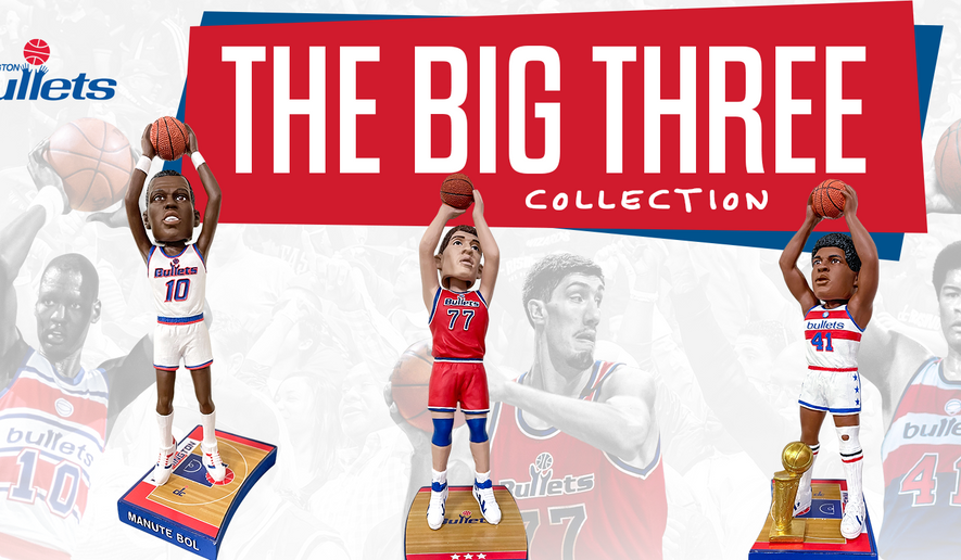 Manute Bol and Gheorghe Muresan — tied as the tallest NBA players ever at 7-foot-7 — are two of three former Bullets players being recognized by the Washington Wizards organization as bobbleheads at upcoming games. Image courtesy of the Washington Wizards.