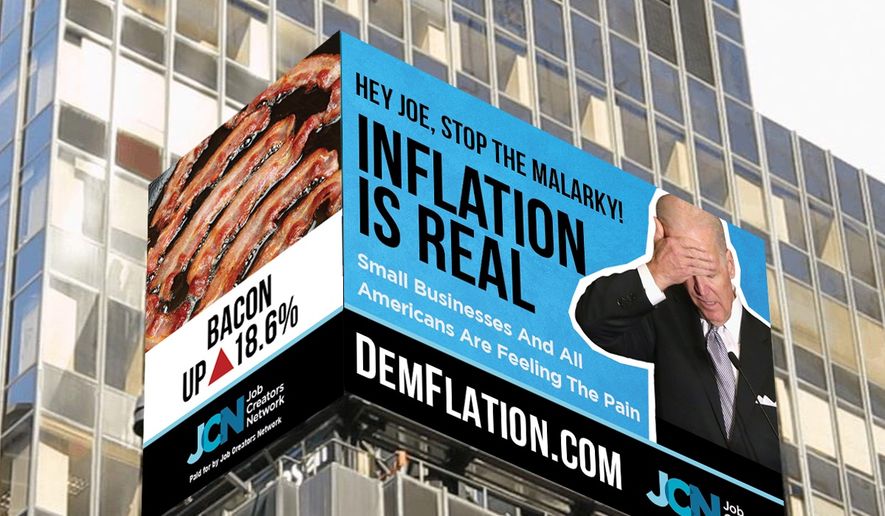 Job Creators Network, a conservative advocacy group, erected this billboard in Times Square on Thursday, Jan. 27, 2022, to roast President Joe Biden for boasting about the economy. (Photo courtesy of Job Creators Network) **FILE**