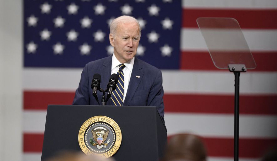 President Joe Biden speaks at Carnegie Mellon University at Mill 19 in Pittsburgh, Friday, Jan. 28, 2022. (John Rucosky/The Tribune-Democrat via AP)